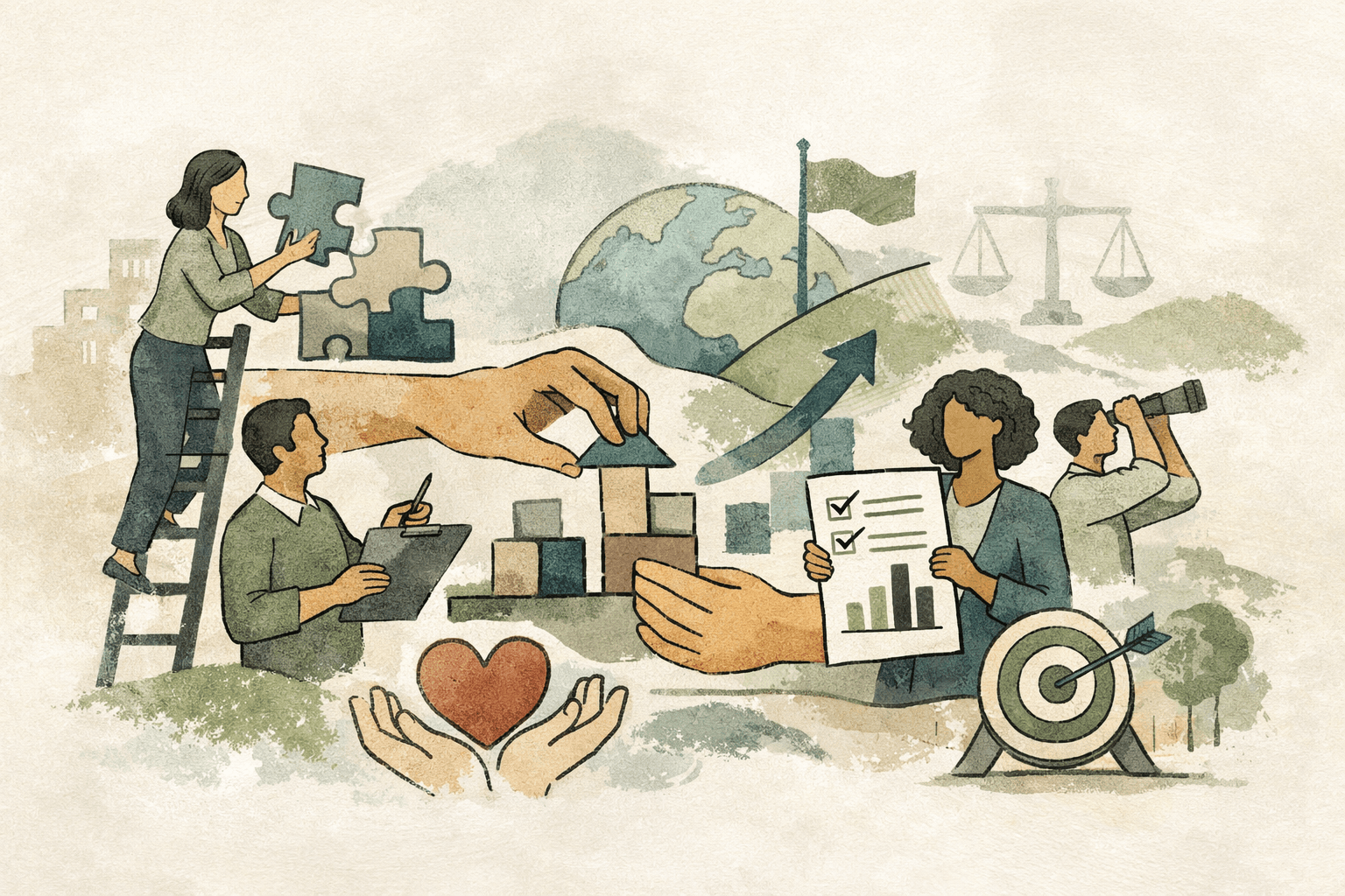 Ilustración de trabajo colaborativo en organizaciones sociales: personas construyendo juntas, medición de impacto, crecimiento y valores
